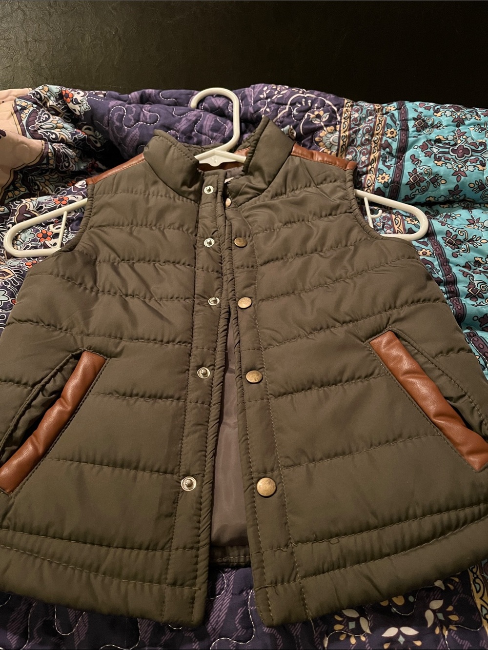 Kids Olive Green Quilted Puffer Vest with Brown Trim